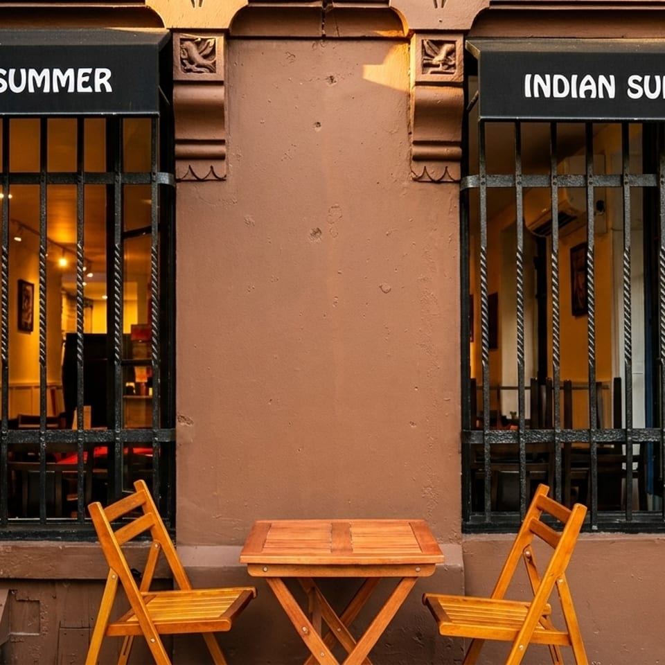 Exterior of Indian Summer restaurant with two windows, black awnings, and a small wooden table with chairs.