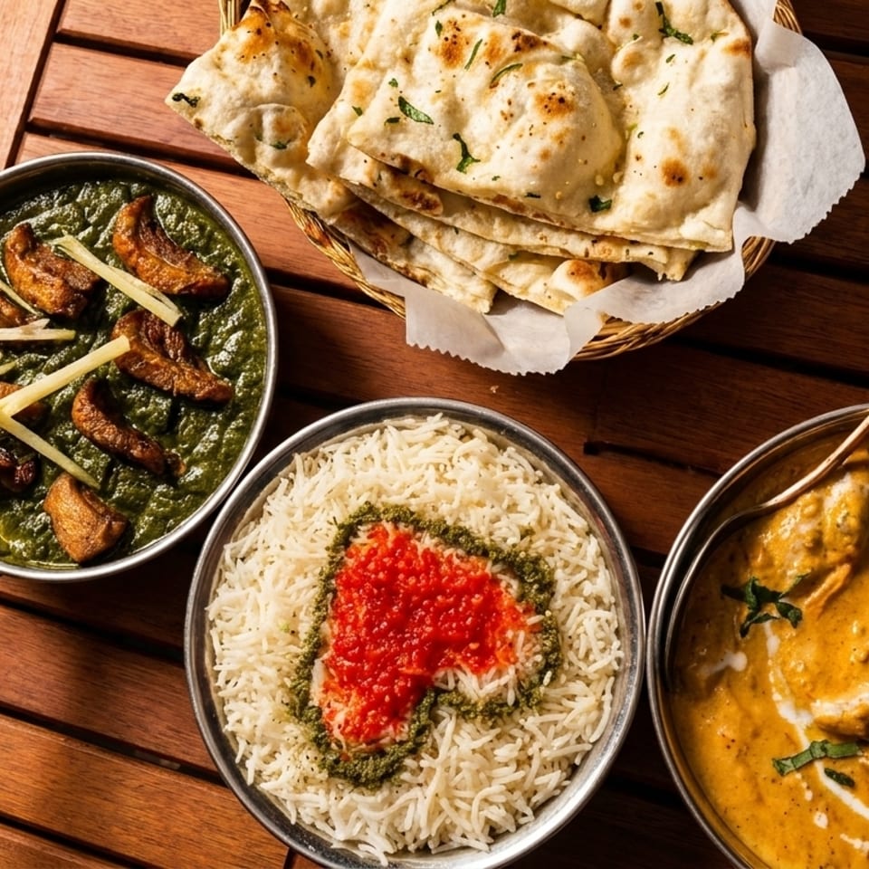 Three bowls of Indian food, including palak paneer, rice with a heart, and butter chicken, with naan.