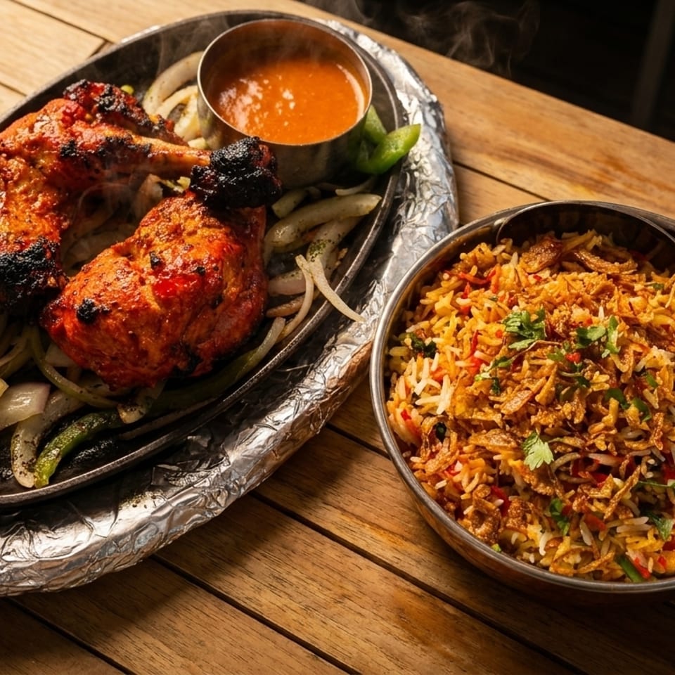 Sizzling tandoori chicken with onions and peppers, alongside a bowl of biryani rice.